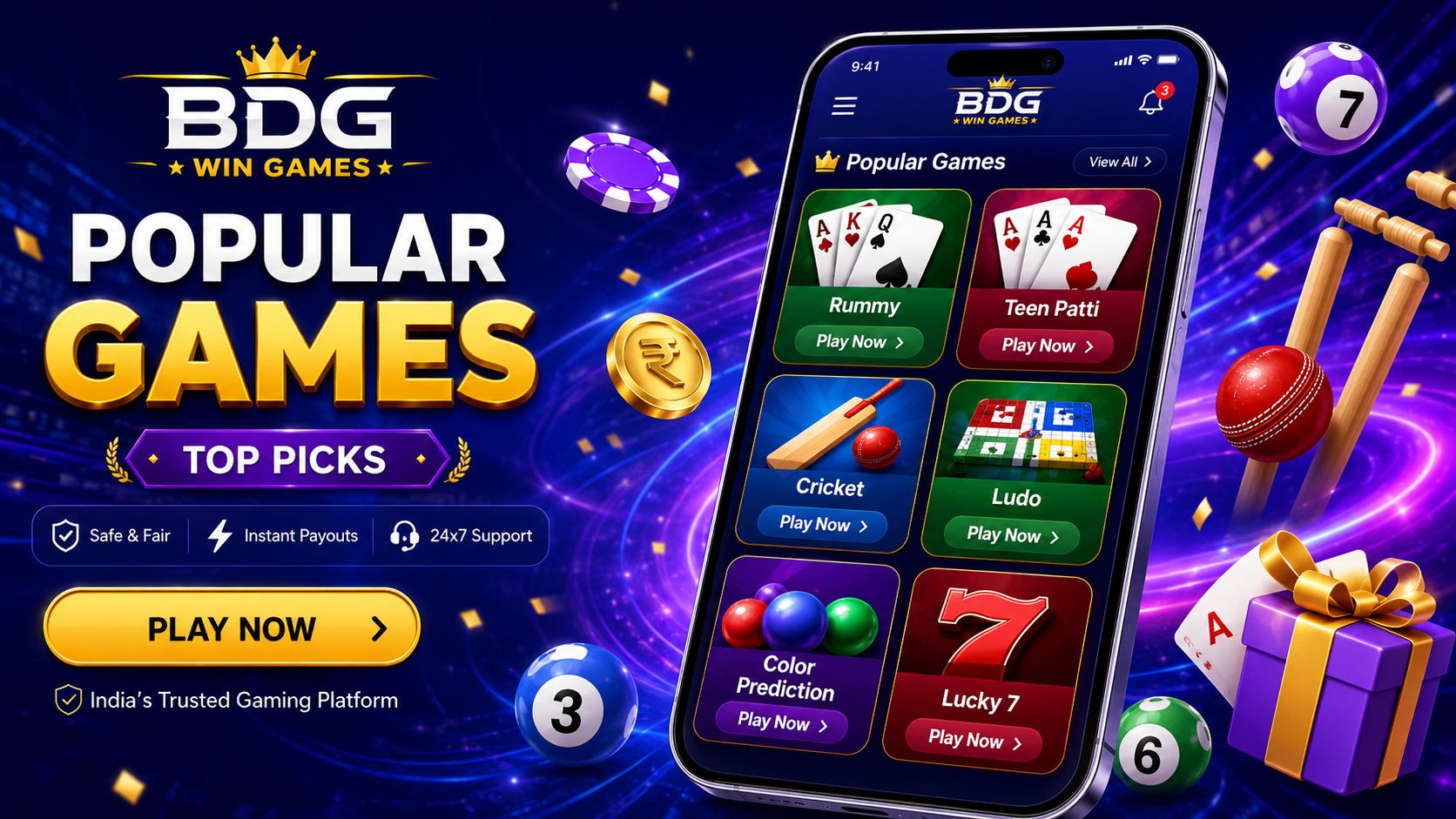 BDG Win Games blue and gold mobile gaming banner with phone and game cards