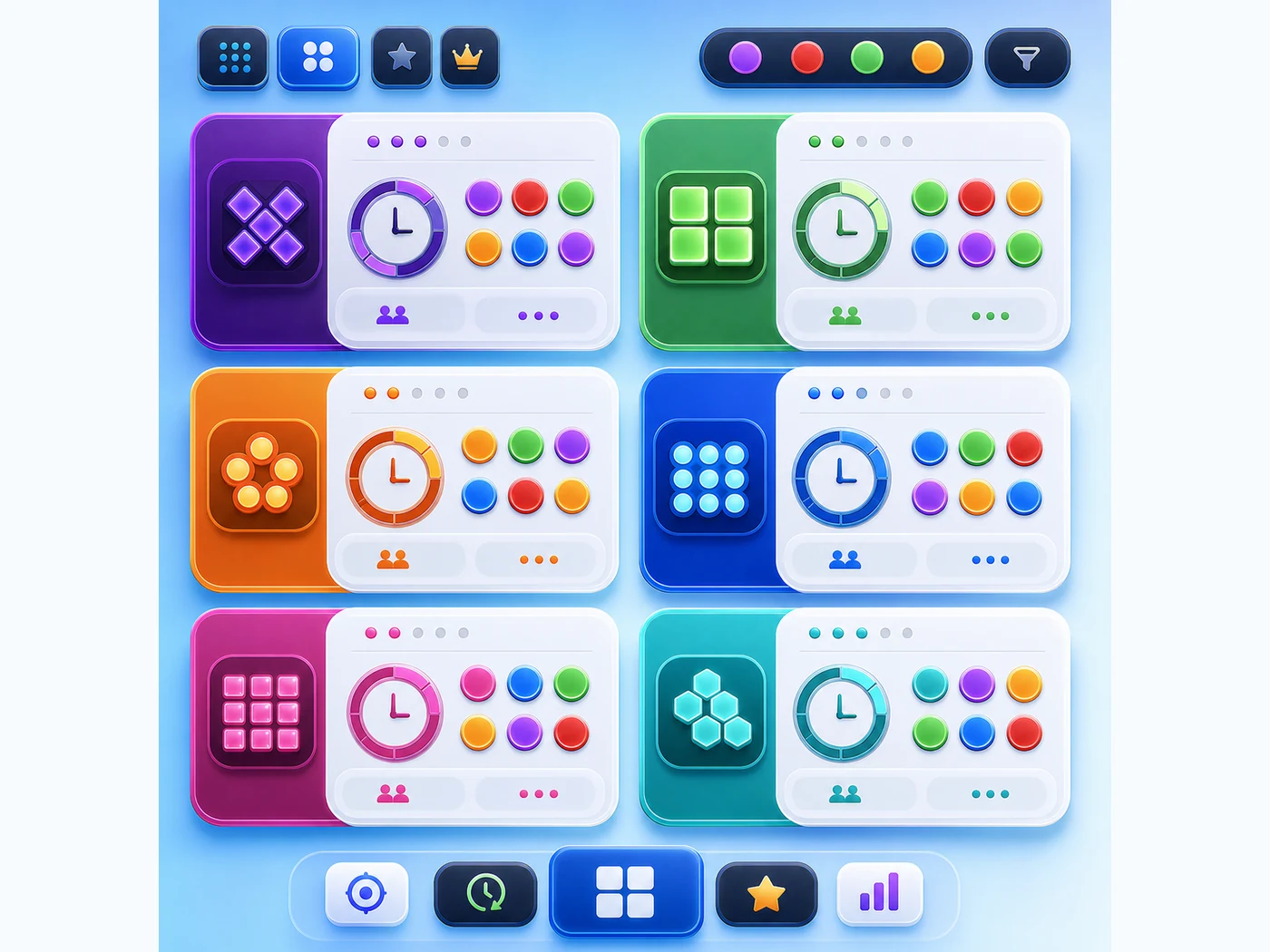 Modern rounded mobile game room cards with colour blocks and timer badges
